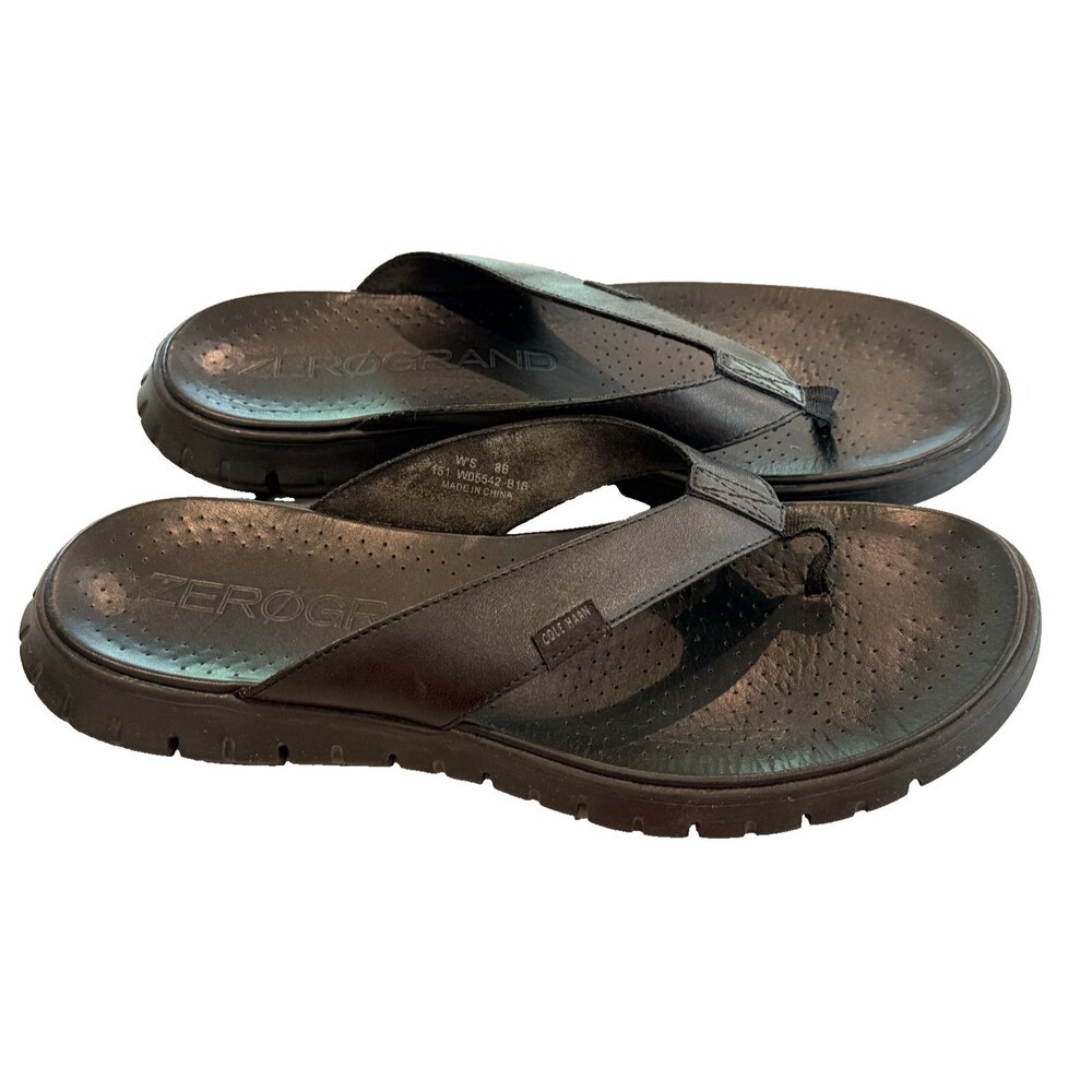Cole Haan Zerogrand Flip-Flops Thong Sandals Black Leather Upper Cushy Soles 8B